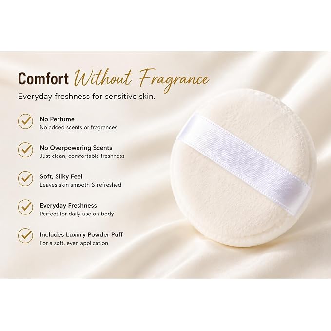 Body Powder for Women & Men, Unscented Fragrance-Free Comfort Powder, Dusting Powder, Bath Powder, All Natural, Talc Free Large 8oz Container with Soft Powder Puff, Silky Soft Smooth Skin, Made in USA
