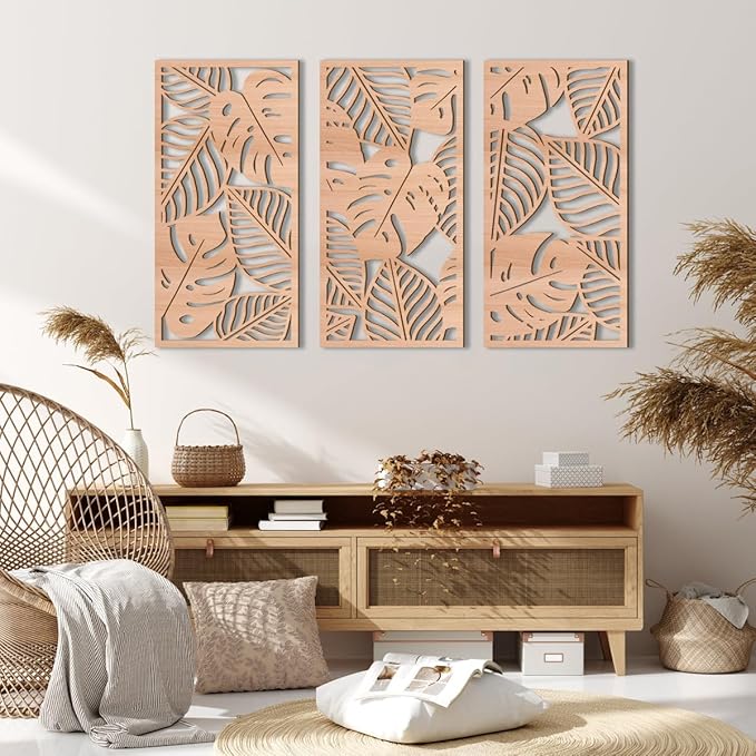 IARTTOP Large Wood Tropical Wall Art 15.9X32 Inch Carved Palm Leaves Wall Decor Coastal Leaf Monstera Plant Wall Sculptures for Living Room Bedroom Set of 3