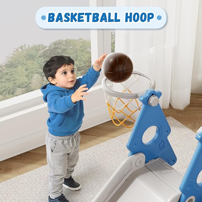 XJD 4-in-1 Toddler Slide and Swing Set, Kids Slide for Toddlers Age 1+, Toddler Outdoor Playset with Basketball Hoop, Swing, Christmas Birthday Gifts for Kids (Light Blue)