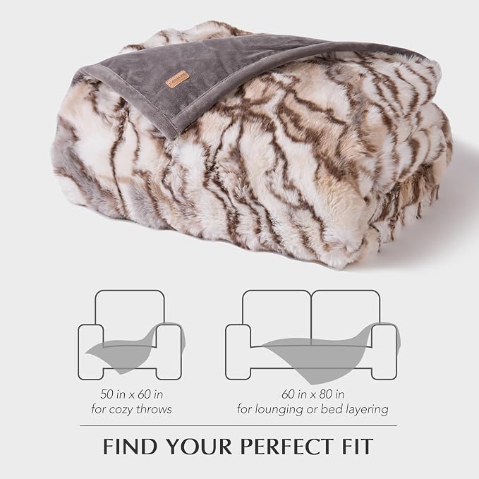 Faux Rabbit Fur Bubble Throw Blanket, 60"x80", Beige & Gray | Ultra Soft, Luxury Faux Rabbit Fur Throw, Thick Warm Bubble Blanket, Cozy Fluffy Reversible, for Bed, Couch, Chair, Sofa