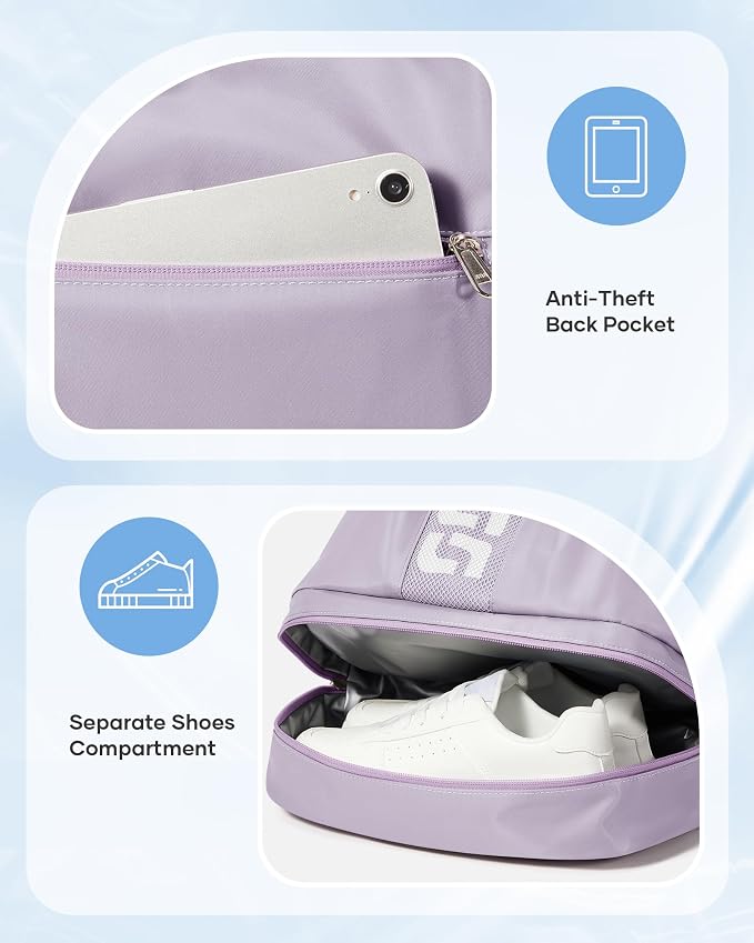 Gym Backpack for Women with Shoe Compartment, Sport Backpack Casual Daypack for Girls, Small Cheer Bag Outdoor Leisure with Toiletry Bag, Purple