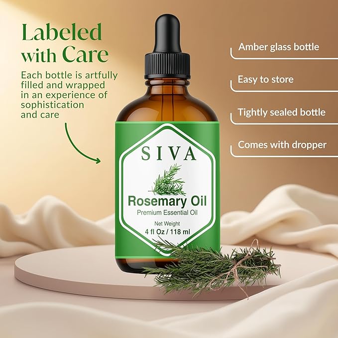 Siva Rosemary Essential Oil 4 Fl Oz – for Diffuser, Skin & Hair Care – Ideal for Massage & DIY Blends- with Dropper