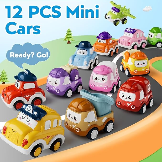 Mini Car Toys for 1 Year Old Boy Gifts, 12 Sets Pull-Back Trucks with Playmat for Toddlers Age 1-2, Baby Toys 12-18 Months, 1st Christmas Birthday Gifts for One Year Olds