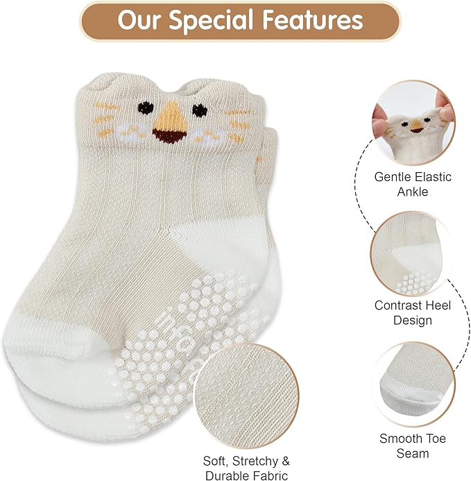 Organic Cotton GOTS Certified Non-Slip Baby Socks 0-6 Months - 7 Pairs Soft Breathable Newborn Socks Animal Design For Infant