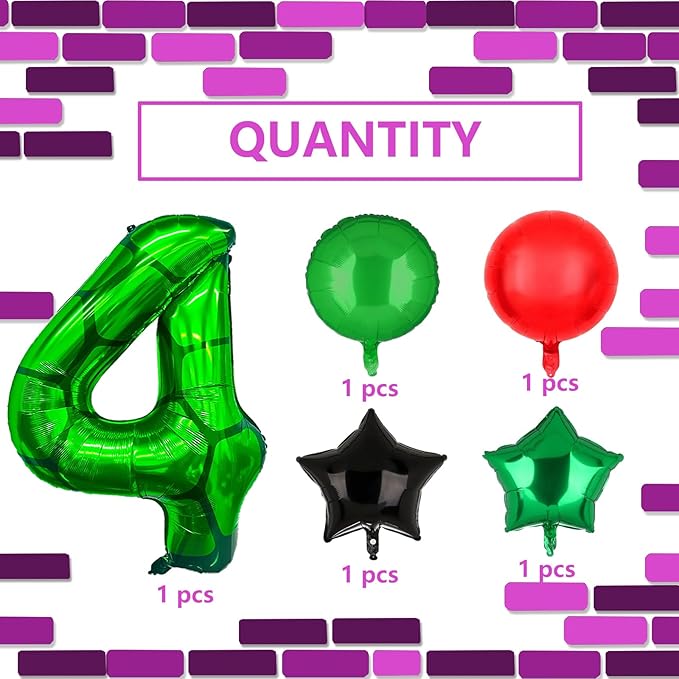5Pcs Cartoon Turtle Theme Birthday Decorations 40 Inch Number 4 Foil Balloons Super Green Turtle Themed Hero Large Mylar 4th Number Balloon Video Game Pizza Balloons Party Favors Red