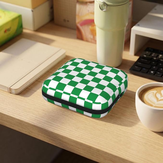 Green And White Checkered Checkerboard Square Grid Chess Board Chessboard Period Bag For Women,Portable Sanitary Napkin Period Pad Pouch For Purse, Small Make Up Bags