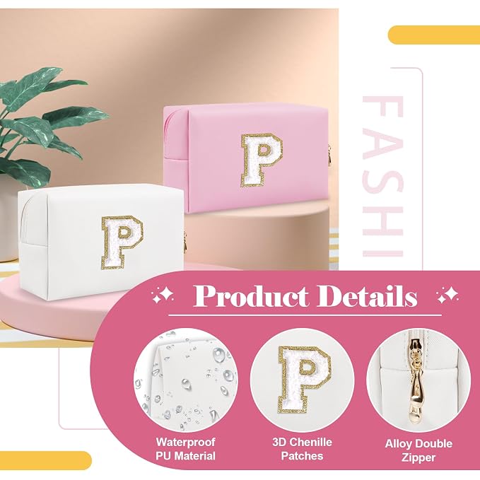 Small Personalized Initial A-Z Preppy Patch Makeup Bag,White PU Chenille Letter Travel Cosmetic Pouch with Zipper,Cute Toiletry Bag,Gift Ideal for Teen Girls Women Teacher Bridesmaid,Letter P