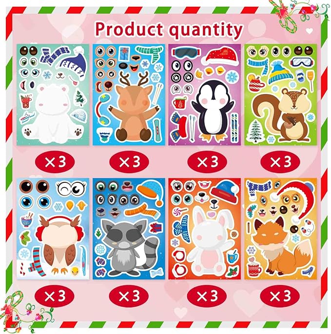 24 Sheets Winter Stickers for Kids Toddlers, Make-a-face Stickers Make Your Own Winter Animal Stickers, Winter Holiday Gifts Christmas Party Decorations Supplies