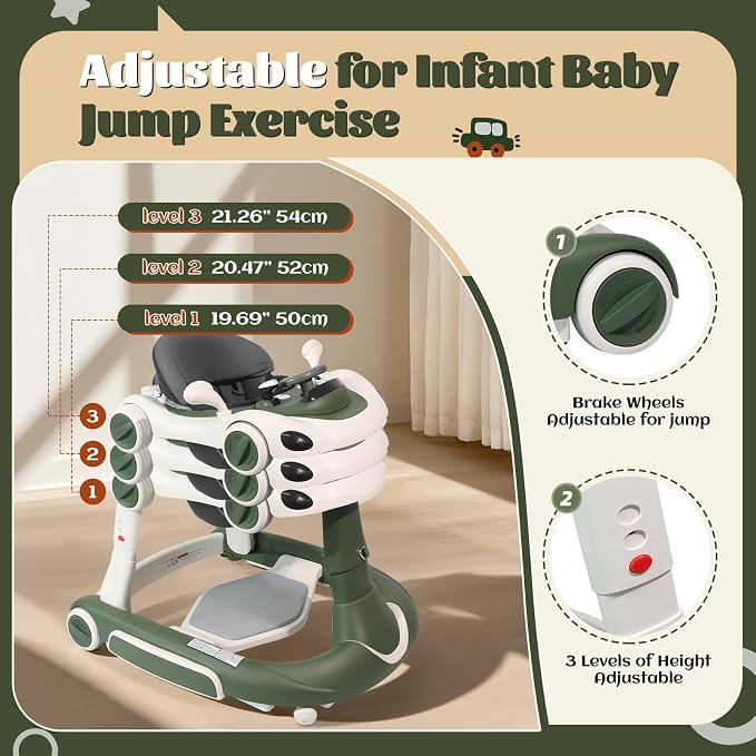 Baby Walker, 4-in-1 Baby Walker with Wheels Portable, Foldable Infant Toddler Walker for Boys Girls 6-18 Month,Removable Footrest,Car Steering Wheel & Music, Adjustable Push Walker Pink Green