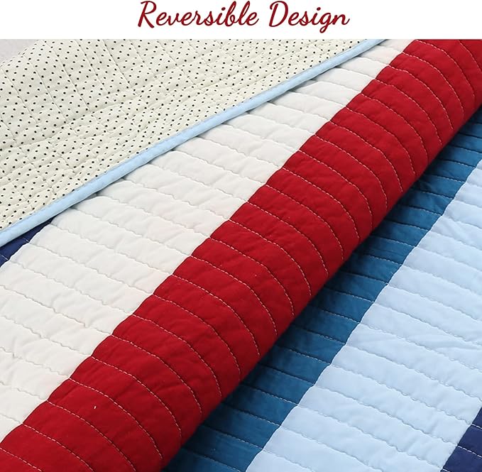 Cozy Line Home Fashions Aaron Bedding Quilt Set, Nautical Navy Blue Red Off-White Striped 100% Cotton Reversible Coverlet Bedspread Bedding Set (National Stripe, Twin - 2 Piece)