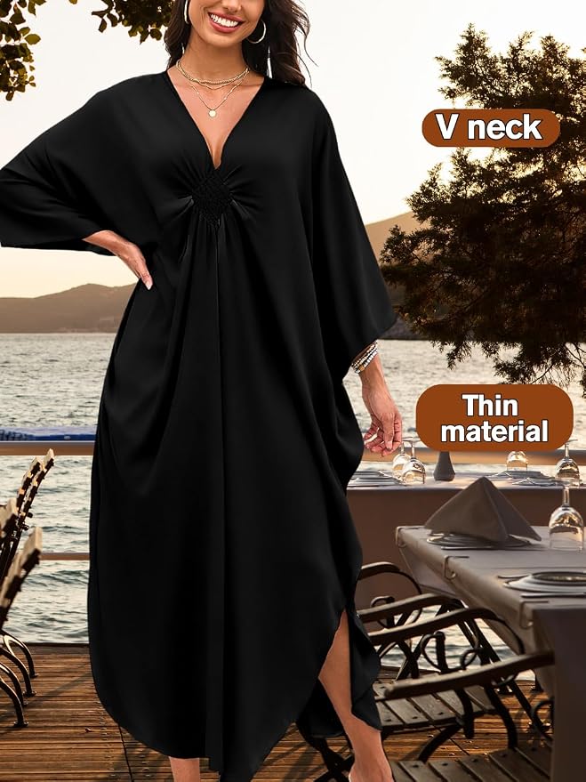 ChiaoLezhee Print Moo-Moos for Women, Kaftan Cover-Up Dresses, Sexy V-Neck High-Slit, Beach Pool-Party Coverups Muumuu Plus