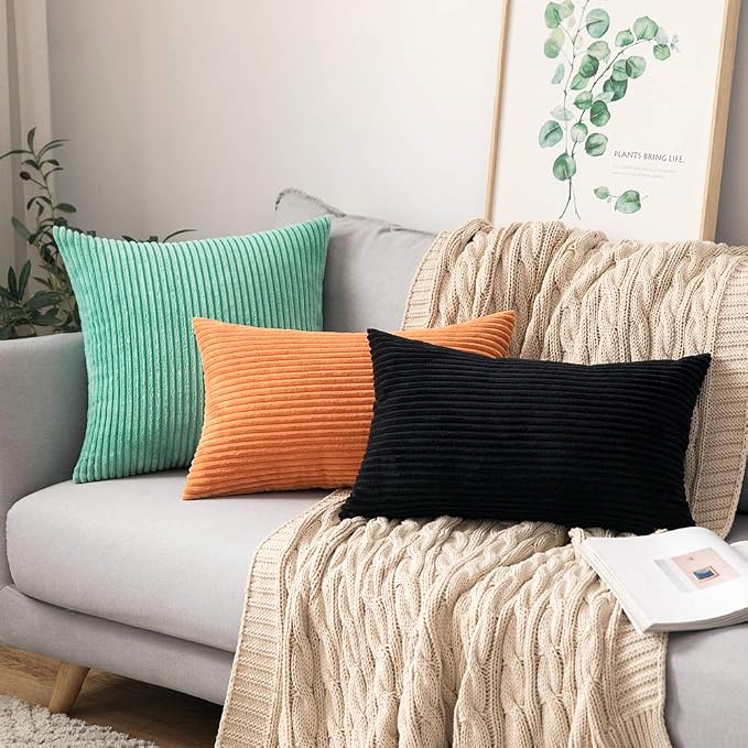 MIULEE Lumbar Corduroy Throw Pillow Covers Set of 2 12x20 Black | Decorative Soft Striped Textured Cushion Cases, Boho Modern Pillowcases for Home Decor, for Couch Chair Sofa Bed Living Room