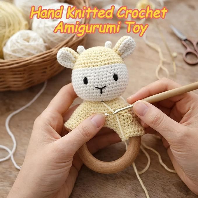 Sheep Baby Rattle for Newborn Plush Rings Crochet Lamb Teether Toy Wood Handle Textured Sensory Grip Fine Motor Skills Teething Toy Cute Farm Animal Plush Stuffed Stuffer Photo Prop