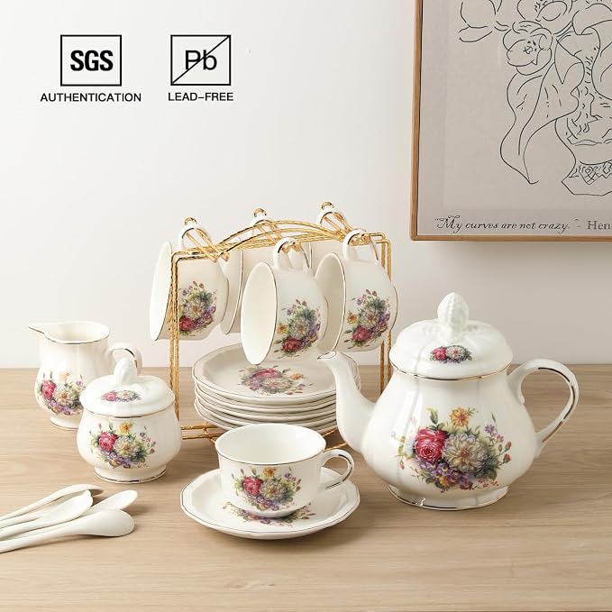 Sweejar 23 Pcs Floral Tea Sets with Metal Holder, Relief Gold Rim Porcelain Tea Sets for Adults, Cup and Saucer Set for 6, with Teapot, Sugar Bowl, Milk Jug, Spoons (Flower Style)