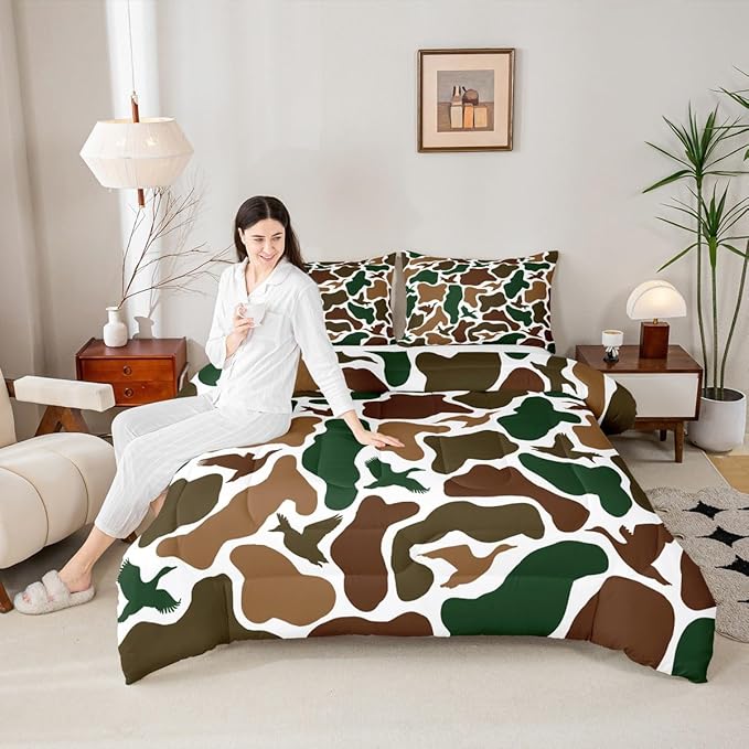 Erosebridal Camo Army Comforter Set Full Size Hunting Duck Bedding Set for Adults Teens Military Camouflage Comforter Wild Farmhouse Woodland Quilt Bedroom Decor