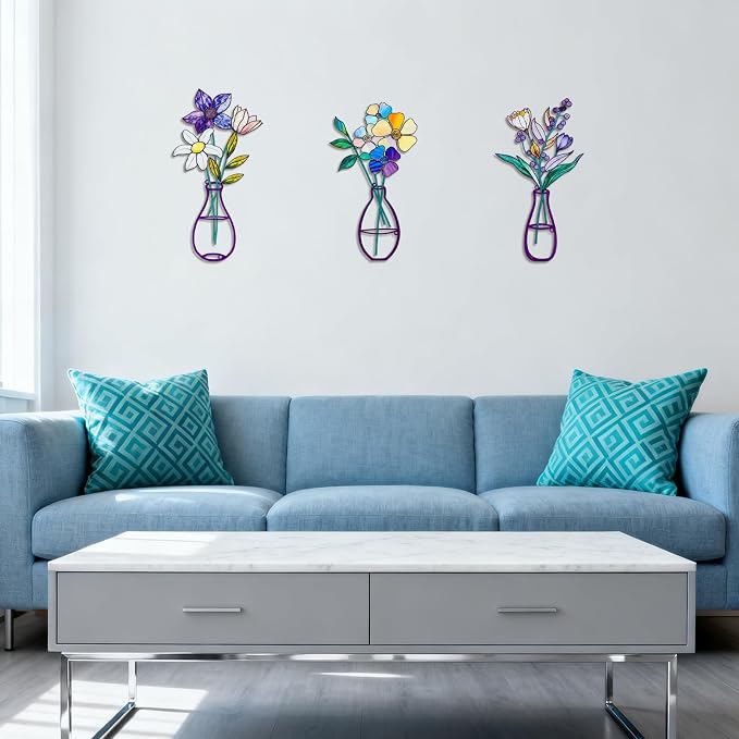 3 Pcs Metal Flowers Wall Arts,Metal Vase Wall Art,Iron Art Painting,Rustic Farmhouse Decor Minimalist Flower Wall Decor for Bedroom Bathroom Living Room Dining Room (Set G)