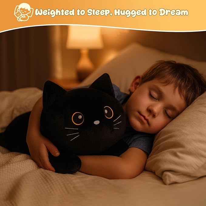 SQEQE Weighted Stuffed Animals Black Cat, Weighted Black Cat Plush, Plushies for Stress Relief, Soft Black Cat Pillow Toy for Kids Adults, Christmas & Valentines Gift 13.8 Inch, 1.7 Lbs