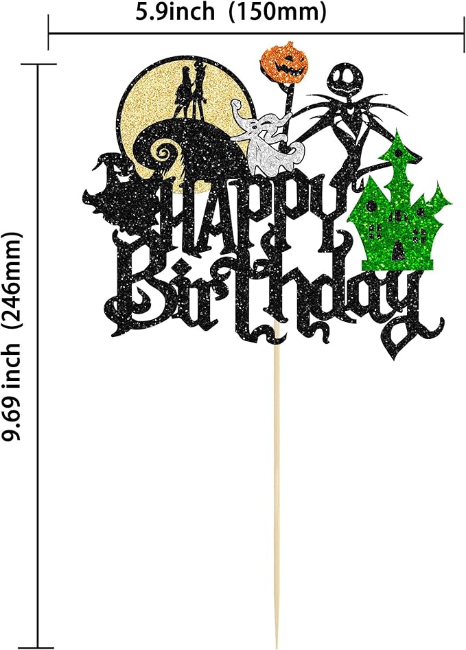 Gyufise 1Pcs Halloween Happy Birthday Cake Topper Glitter Jack and Sally Pumpkin Bat Castle Ghost Cake Pick for Theme Baby Shower Kids Birthday Party Cake Decorations