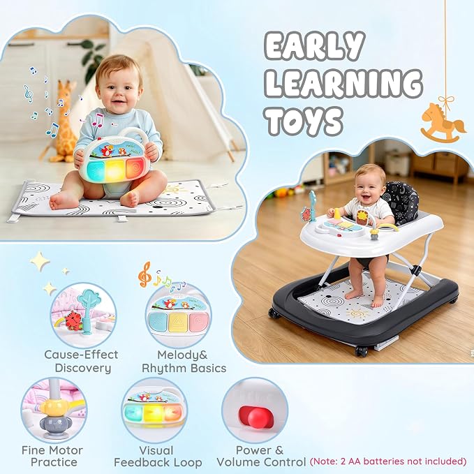 Baby Walker with Wheels, 5-in-1 Foldable Push Walker for Baby Boys 6-12 Months, Baby Walker & Bouncer Combo, Adjustable Height, Music Light Infant Activity Center Bouncer Walker(Black)