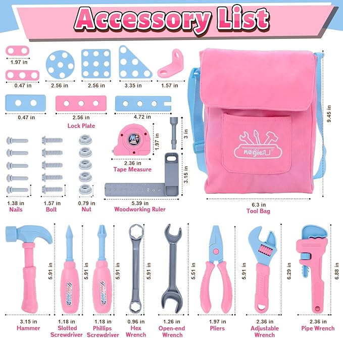 Magic4U Kids Tool Set with Tool Bag & Tape Measure, Toddler Tool Set Pretend Play Construction Toys,Ideal Birthday for Kids Age 3-6 Years Old (Pink)