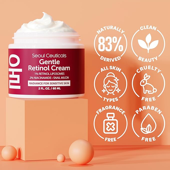 SeoulCeuticals 1% Korean Retinol Night Cream - 97.5% Snail Mucin + 2% Niacinamide Moisturizer for Face - Gentle K Beauty for Sensitive Skin 2oz