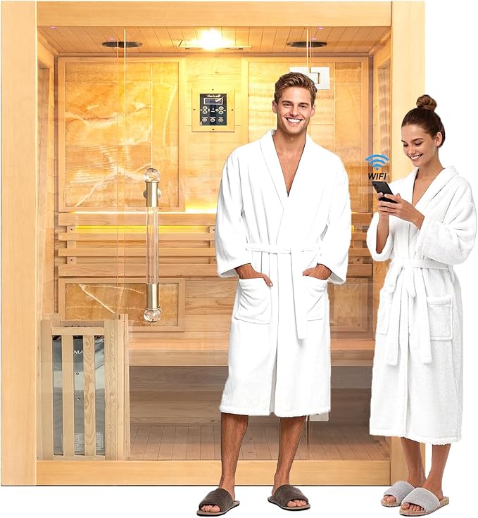 Smartmak Wood Home Steam Sauna, Customized WiFi Control 1-6 Person Canadian Hemlock/Red Cedar Traditional Luxurious Wooden Indoor Spa Room, Heating Stove, Speaker, Rocks, Water Bucket, Lights, 194℉