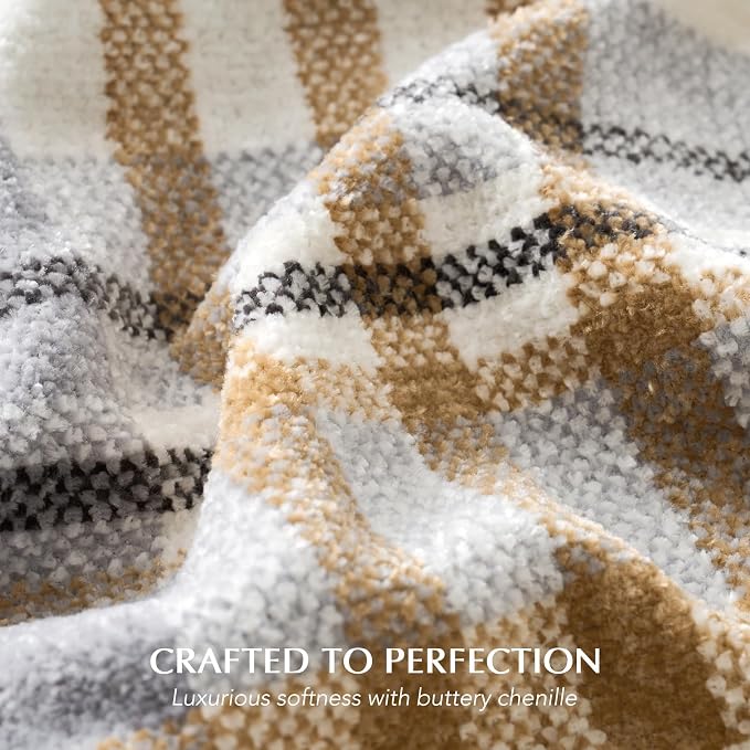 Plaid Chenille Knit Throw Blanket, 50"x60", Grey & Beige | Super Soft Knitted Throw with Tassels, Cozy, Decorative Farmhouse Plaid, Lightweight, Ideal for Couch Bed Gift Home Decor