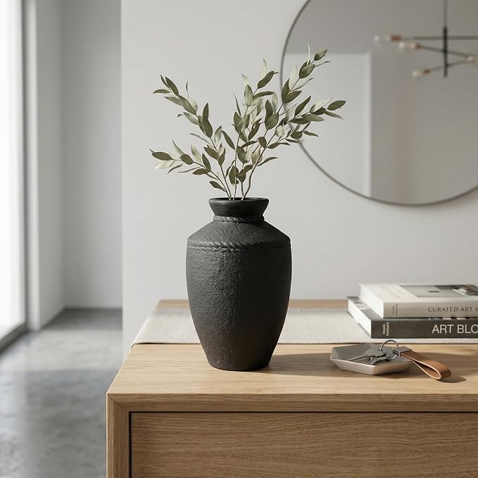 Black Rustic Ceramic Vase - 10 Inch Large Pottery Flower Vases for Home Decor Farmhouse Minimalist Vase for Living Room Centerpiece for Fireplace Entryway Shelf Kitchen Decor