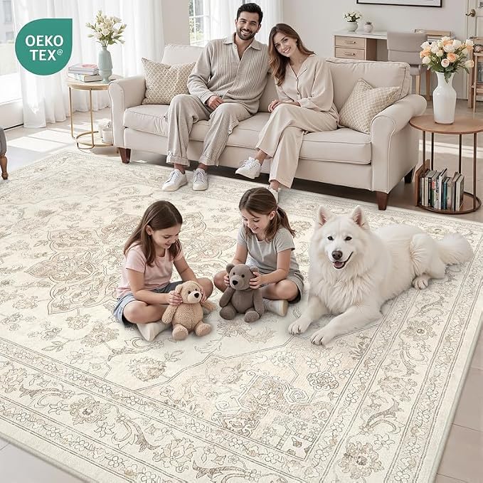 3x5 Area Rugs for Living Room: Vintage Boho Neutral Washable Rug Indoor Soft Large Area Rug Carpet for Bedroom Nursery Farmhouse Dining Room Office Floor Non-Slip Low Pile Under Table Rug Beige White