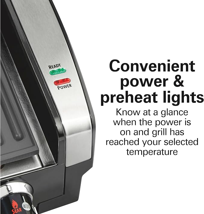 Hamilton Beach Electric Indoor Searing Grill With Lid & Viewing Window | Adjustable Temperature Control To 450°F | 118 sq. in. PFAS-Free Removable Non-Stick Cooking Surface | Stainless Steel