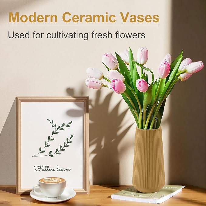 Milk Coffee Ceramic Vase, GUKJOB Small Cute Flower Vase for Pampas Grass, Home, Living Room, Dining Table, Farmhouse, Office Decor, Bedroom, Table, and Kitchen Shelf (Milk Coffee)