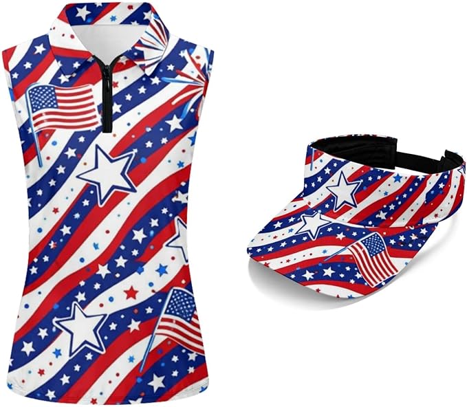 POLERO Golf Tank Top Women Golf Shirts and Visor Hat Collared Racerback Tennis Shirt Set Quarter Zip