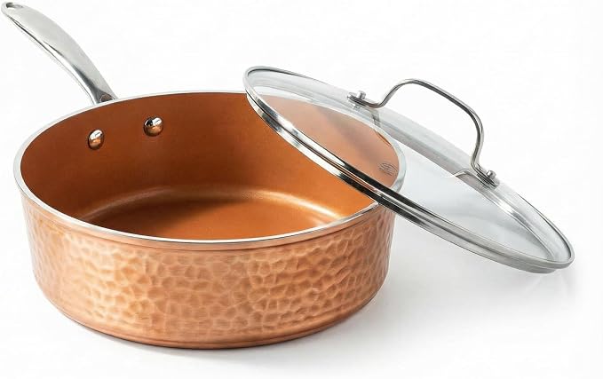 GOTHAM STEEL 4 Qt Saute Pan with Lid, Large Nonstick Skillet for Cooking, 12” Hammered Deep Frying Pan, Family Sized Pans, Ceramic Coating for Sauce, Induction Ready Oven & Dishwasher Safe, Non Toxic