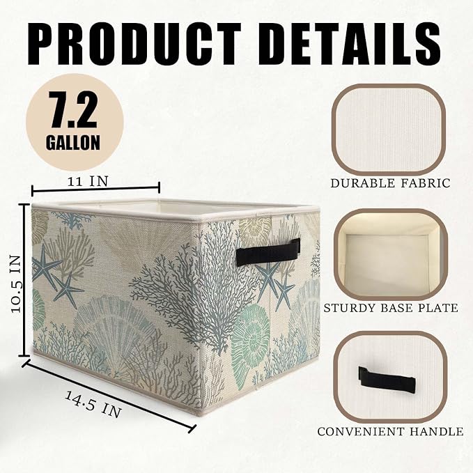 Coastal Beach Storage Bins Basket, Beach Room Decor, Coastal Coral Starfish Seashell Collapsible Fabric Storage Box Organizer Toybox for Bedroom Bathroom Clothes Books Toys