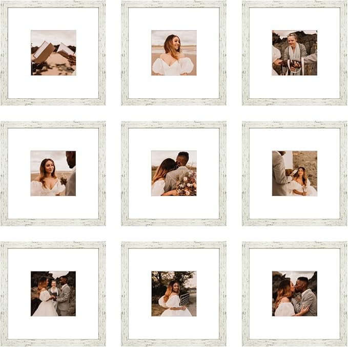 8x8 Picture Frame Set of 9, Display Pictures 4x4 with Mat or 8x8 without Mat, Multi Collage Gallery Square Photo Frames for Wall or Tabletop, Distressed White