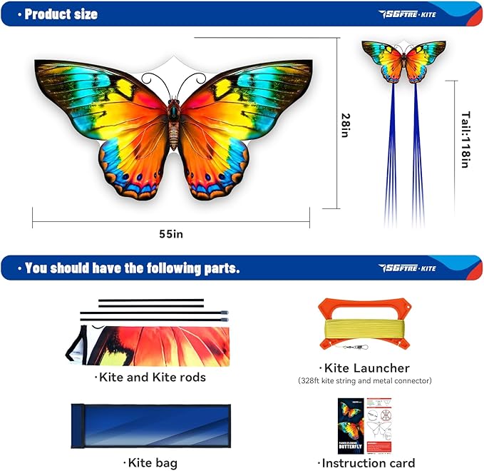 SGftre Butterfly Kites for Kids and Adults,Extremely Easy to Fly for Beginners,Single Line String with Tail for Beach Flying Kites for Outdoor Trip Park Family Game(Flower Splendour Butterfly)