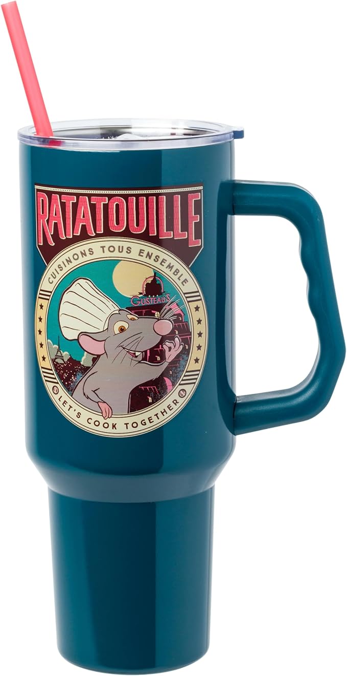 Silver Buffalo Disney Pixar Ratatouille Remy "Let's Cook Together" Double Walled Stainless Steel Tumbler with Handle and Straw, Fits in Standard Cup Holder, 40 Ounces