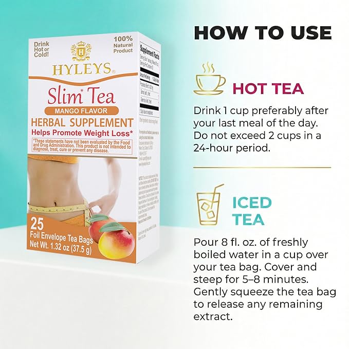 Hyleys Slim Tea Mango Flavor - Weight Loss Herbal Supplement Cleanse and Detox - 25 Tea Bags (6 Pack)