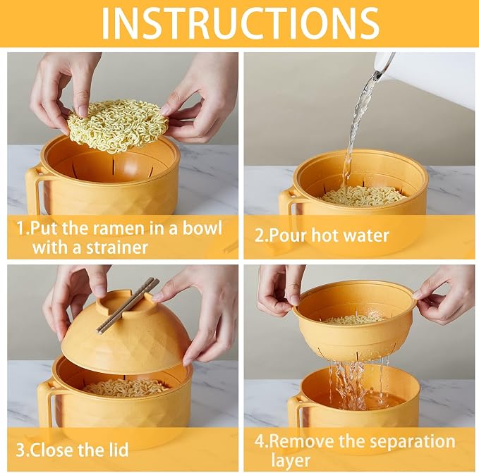 1 Set Microwave Ramen Cooker 40oz Wheat Straw Microwave Noodle Bowl Set with Chopsticks, Spoon, Fork, College Dorm Office Apartment Essentials (Yellow)