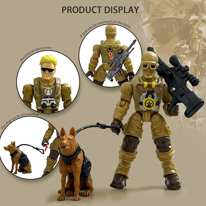 Army Men Action Figures, Toy Soldiers for Boys 6-8,Military Playset with 2 Dogs 6 Weapons,Plastic Army Men Toys Birthday Gift for Kids Boys Military Collectors