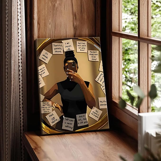 Framed Black Girl Wall Art Set of 3, Fashion Inspirational Black Woman Wall Decor Paintings, African American Positive Affirmations Pictures Canvas Prints for Living Room Bedroom Office 12x16 inch