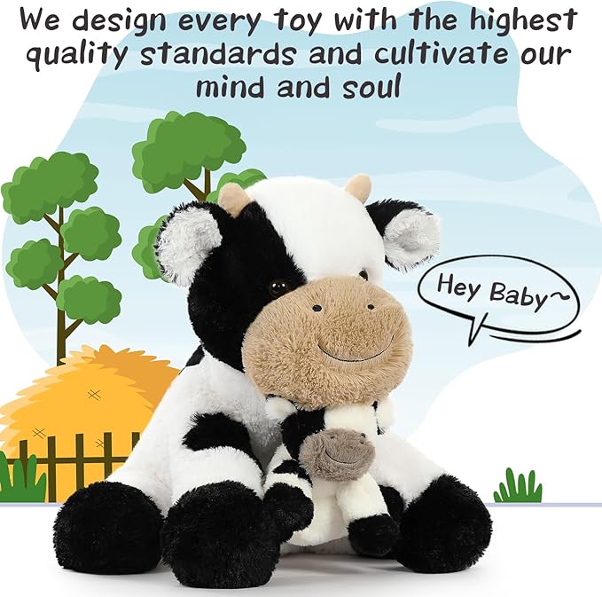 Tezituor 2-in-1 Large Cow Stuffed Animals, 20 inch Big Stuffed Mommy Cow with Cute Baby Cow Plush Toy Hugging Soft Plush Pillow for Boys Girls