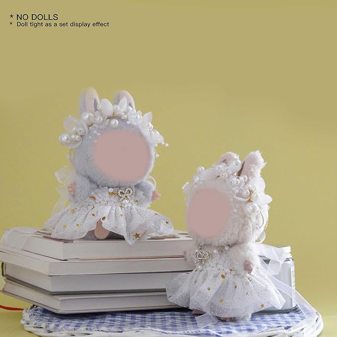 17cm Doll Clothes Set and Accessories Suit,（NO Doll） 3-Piece Set, Outfits for Clothes Set, Dolls Keychain Accessories, Including Fairy Dress, Pearl Hair Accessories, Bow Necklace(White)