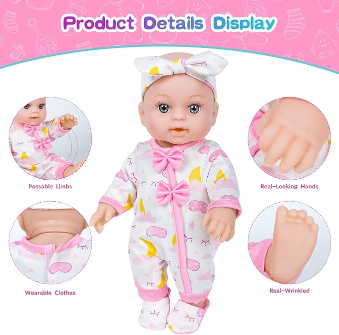 12 Inch Baby Doll Crib Playset with Dolls Clothes and Accessories Including Soft Sleep Bassinet Bed, Bottles, Nipple, Eye Mask, Slippers, Blanket, Pillow, Gift Idea for Ages 3+