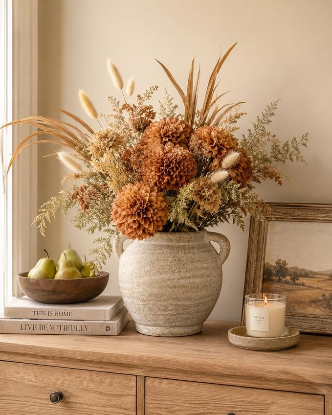 Briful Rustic Farmhouse Vase with Handles, 7.4" Ceramic Vases for Tabletop | Beige Pottery Distressed Antique Earthenware for Modern Farmhouse, Kitchen Counter Shelves Coffee Entryway Centerpiece