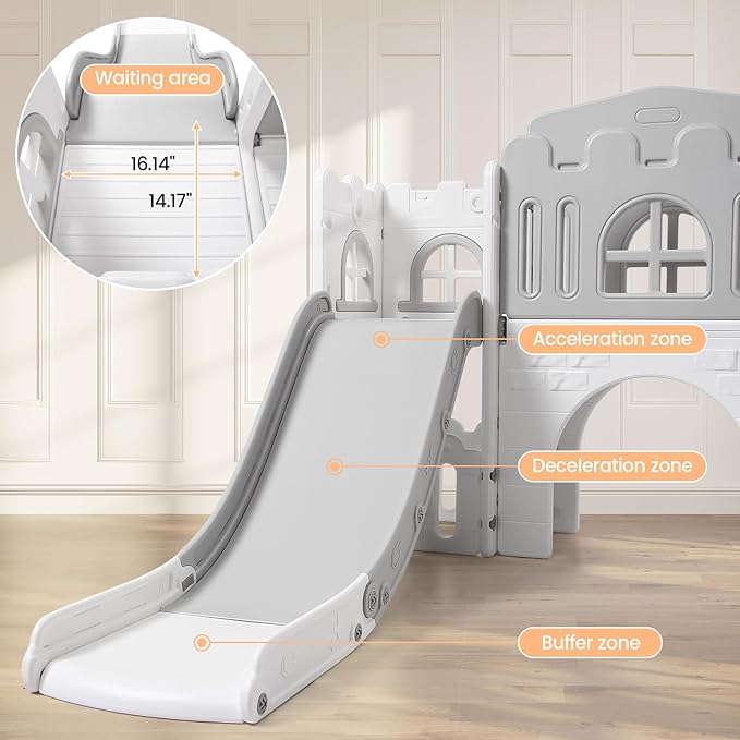 8 in 1 Toddler Slide Indoor Playground, Indoor Slide Toddler Playset for Toddlers 1-3, Kids Outdoor Playground with Basketball Hoop, Climber, Crawling Tunnel, Telescope, Toy Storage