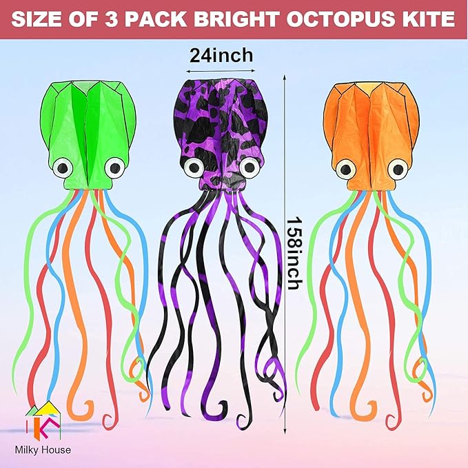 3 Pack Octopus Kite - 3D Beach Kites for People & Kids (Blue, Green, Red) - Easy to Fly, Kite Kit with 100M String