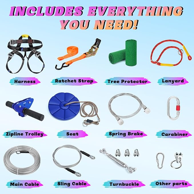 Zipline for Kids and Adult, Zip line Kits for Backyard with Stainless Steel Spring Brake, Cable Tensioning Kit, Safety Harness, 2 Tree Protectors and Full Set of Zip line Accessories