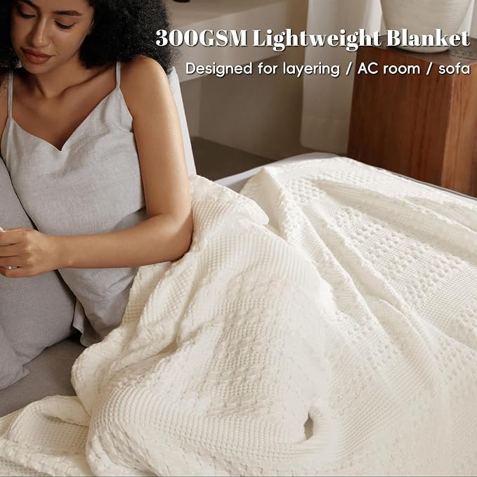PHF 100% Cotton Waffle Blanket Twin Size, Lightweight Breathable Summer Blanket for Hot Sleepers, Pre-Washed Soft Layer for Bed, Dorm, Couch & Guest Room, Home Decor Gift, 66"x90", Ivory