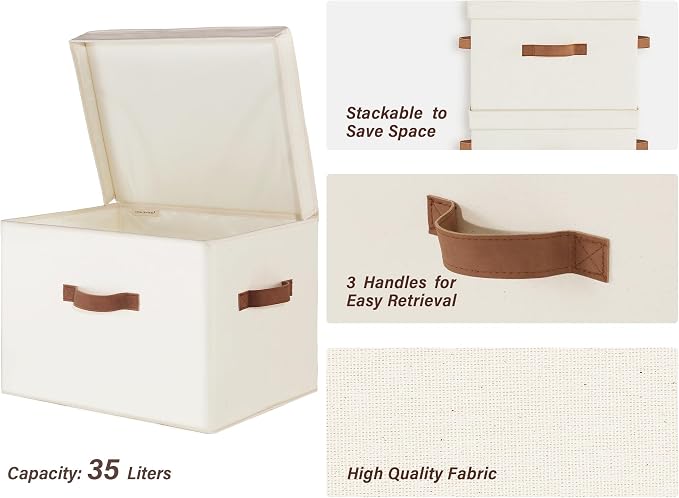 StorageWorks Fabric Storage Bins with Lid, Decorative Storage Boxes for Shelves, Stackable Closet Organizer Basket with Handles, Jumbo, Ivory White, 2-Pack | Flip-Top Lid, 3 Handles, Collapsible, Stackable, for Clothes Blankets, Multi-Purpose, Jumbo, I...